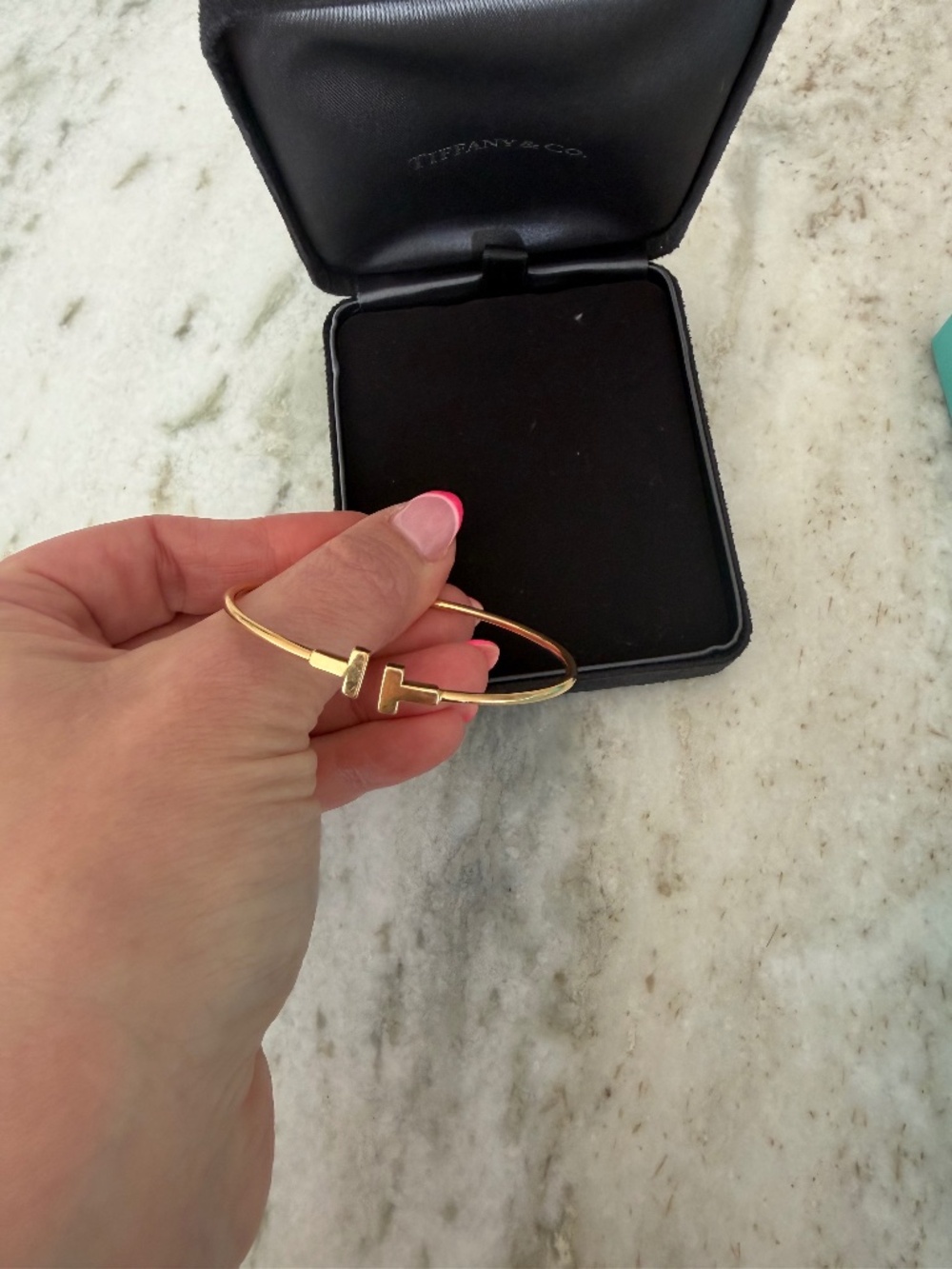Rose gold Tiffany narrow t bar bracelet. Comes with box and dust bag